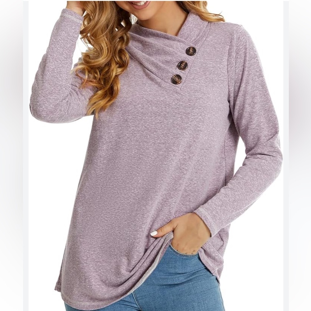 Soft Surroundings Pink Mauve long sleeve open cowl neck top w 3 brown buttons.